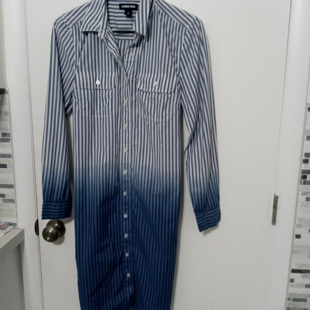 Land's End long Sleeve button down Ombre Tie Dye Midi Shirt Dress w Belt